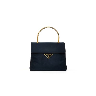 PRADA VINTAGE BLACK NYLON & GOLD TOP HANDLE BAG 1BH608 (21*17*12cm)  PRADA VINTAGE BLACK NYLON & GOLD TOP HANDLE BAG 1BH608 (21*17*12cm)